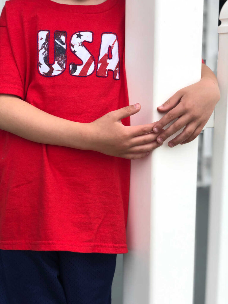 red "USA" reverse applique shirt